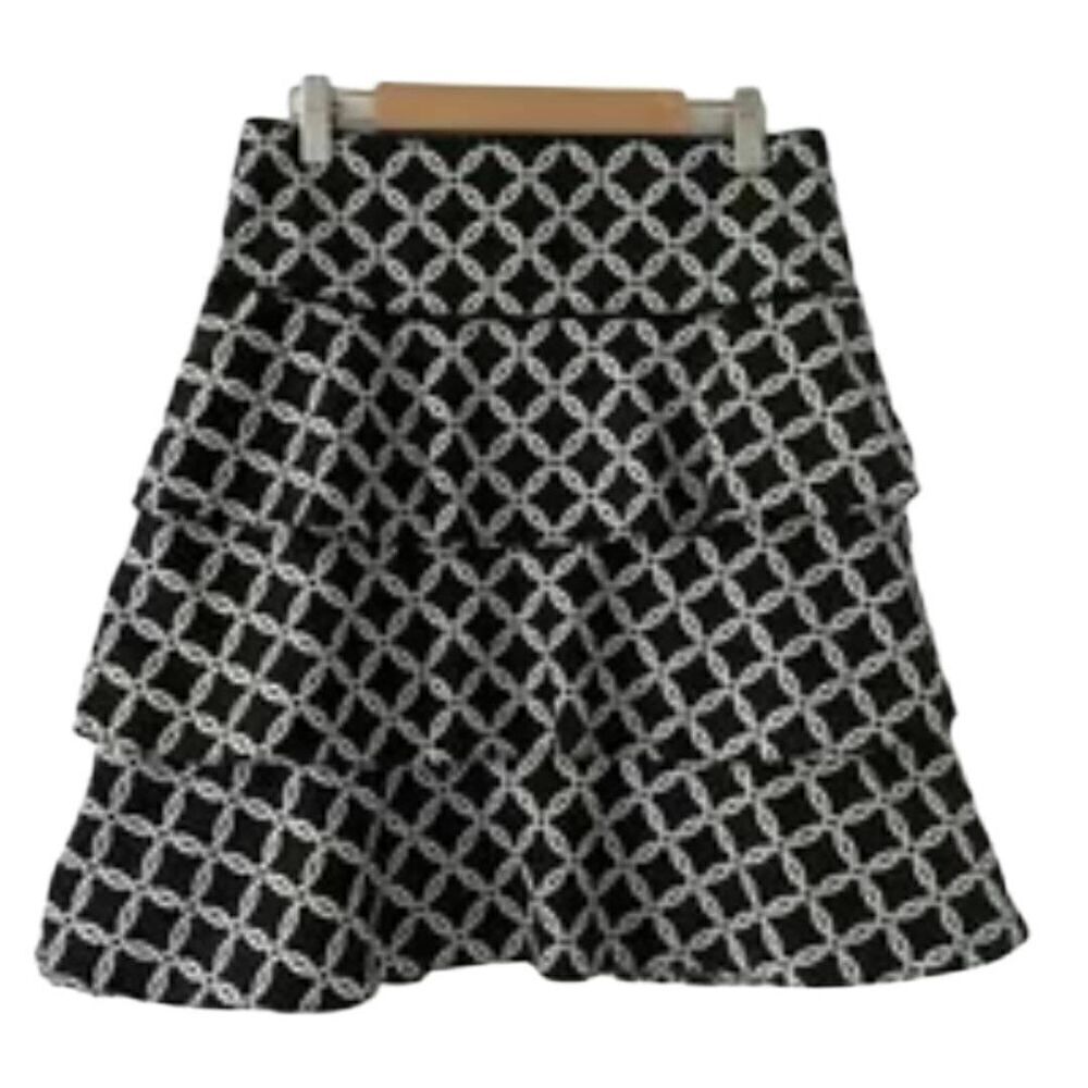 White House Black Market Women's Black & White Poly Geometric Print Tiered Lined